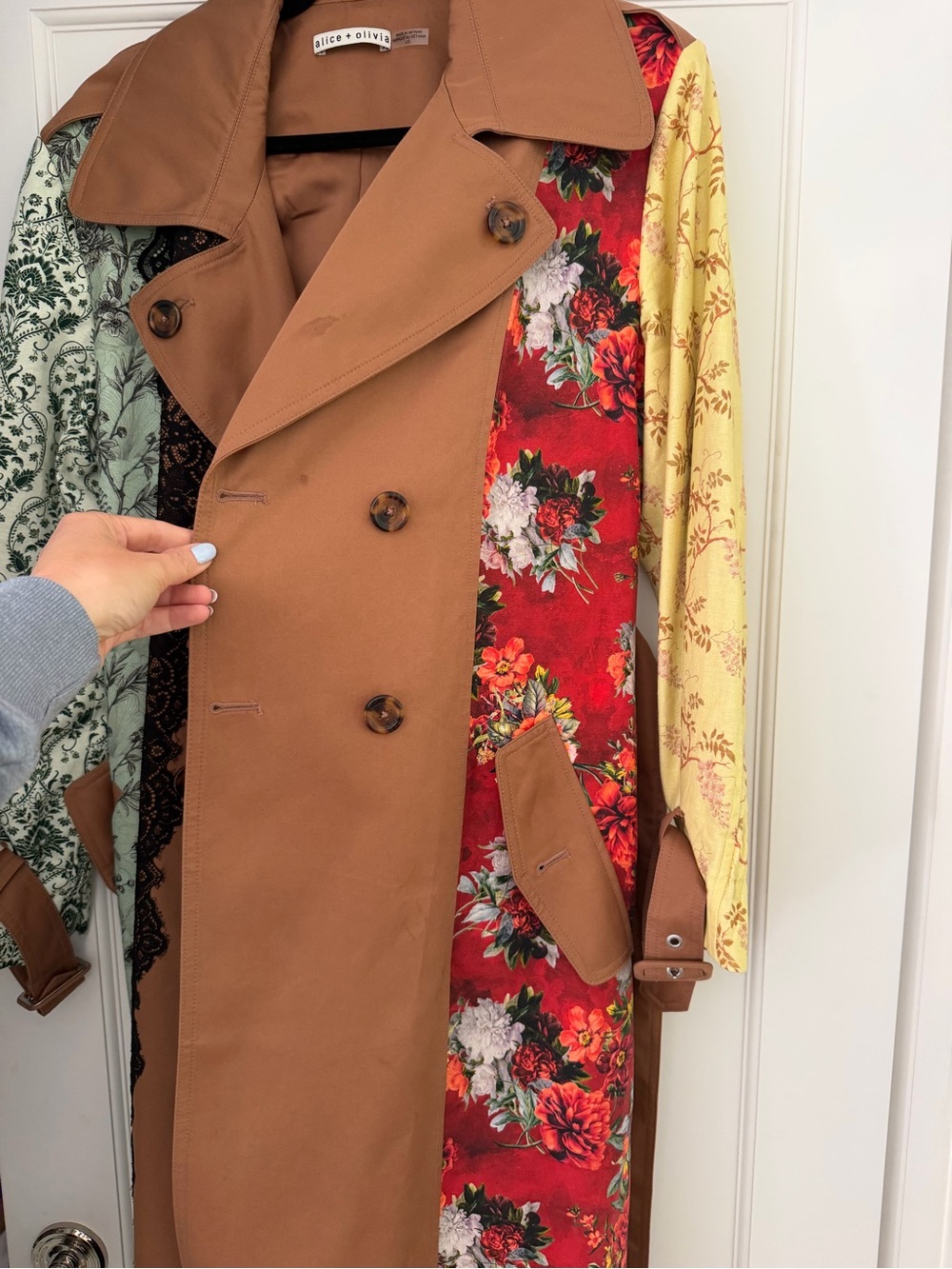 Alice + Olivia Brown Patchwork Floral Trench Coat with Red and Yellow Panels